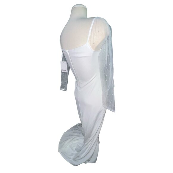 Lulus Eternally Beloved White Mesh Off-the-Shoulder Pearl Maxi Wedding Dress Sz - Picture 15 of 16